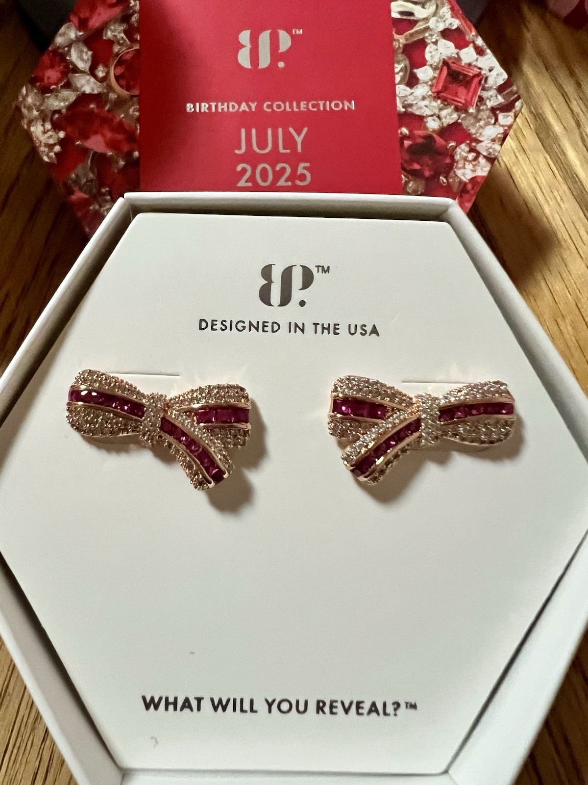 Bomb Party July Bow Earrings “Knotty Summer Wishes” LC Ruby & CZ on Rose Gold