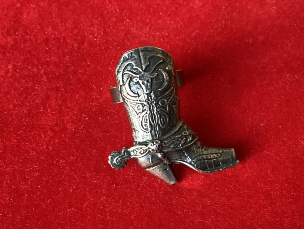 MidCentury Southwestern 925 Sterling Western Cowboy Boot+Spur Etched Ring Sz.4