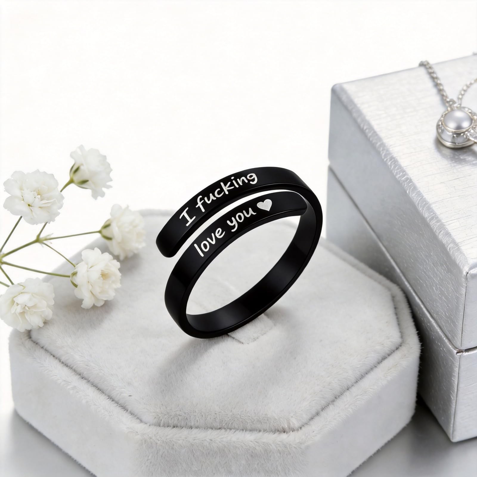 I Fcking Love You Ring, Stainless Steel Engraved Inspirational Words Heart Ope