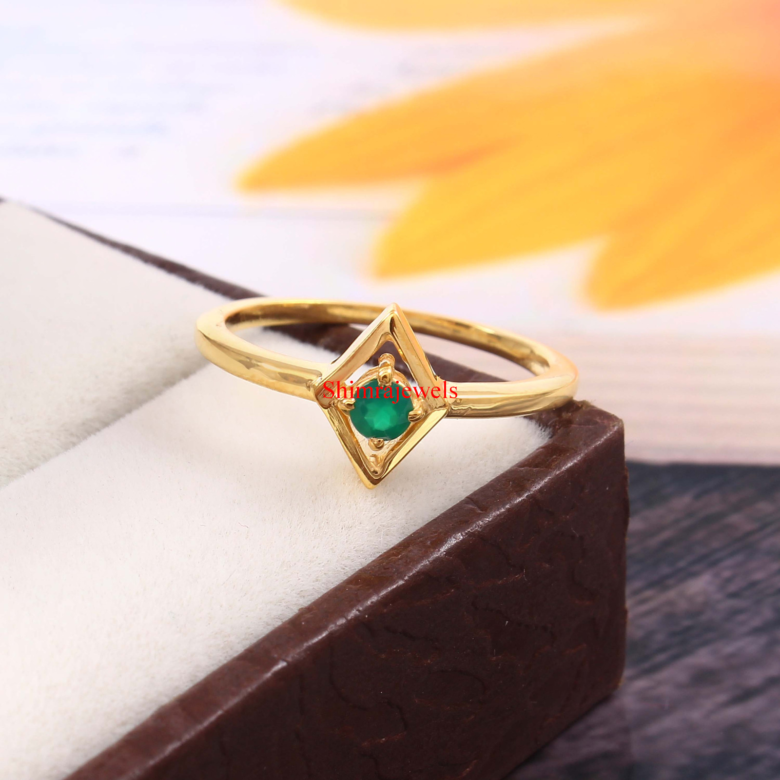 Natural Green Onyx Gemstone With 18k Gold Plated Silver Women’s Ring #24