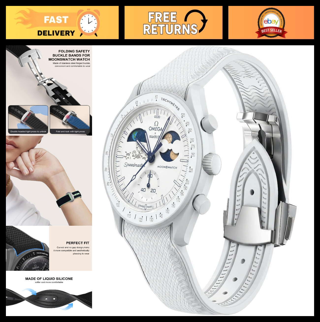 20mm Replacement Strap for MoonSwatch Watch, Folding Buckle, Curved No Gap Band