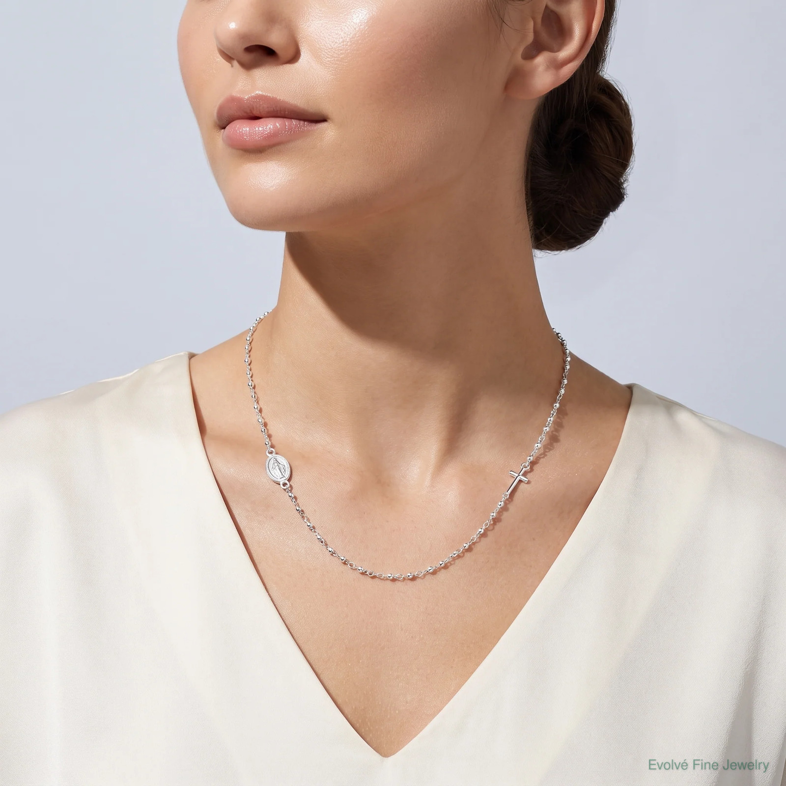 Sterling Silver Medal/Cross With 1.5in Ext. Rosary Necklace