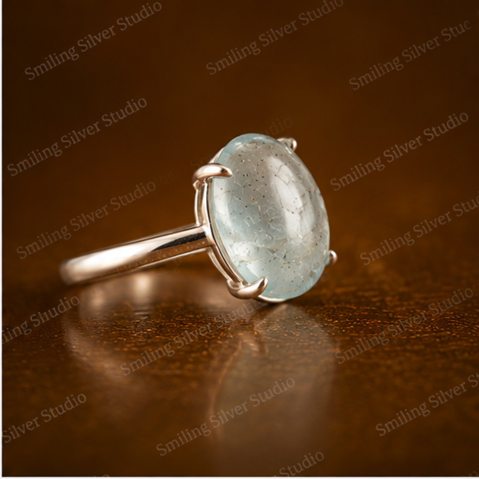 925 Sterling Silver Oval Green Cabochon Aquamarine Ring Minimalist Handmade Ring