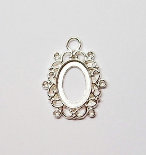 15 of 18x13mm Victorian Shiny Silver Round Oval Loops Pendant Settings 34x26mm
