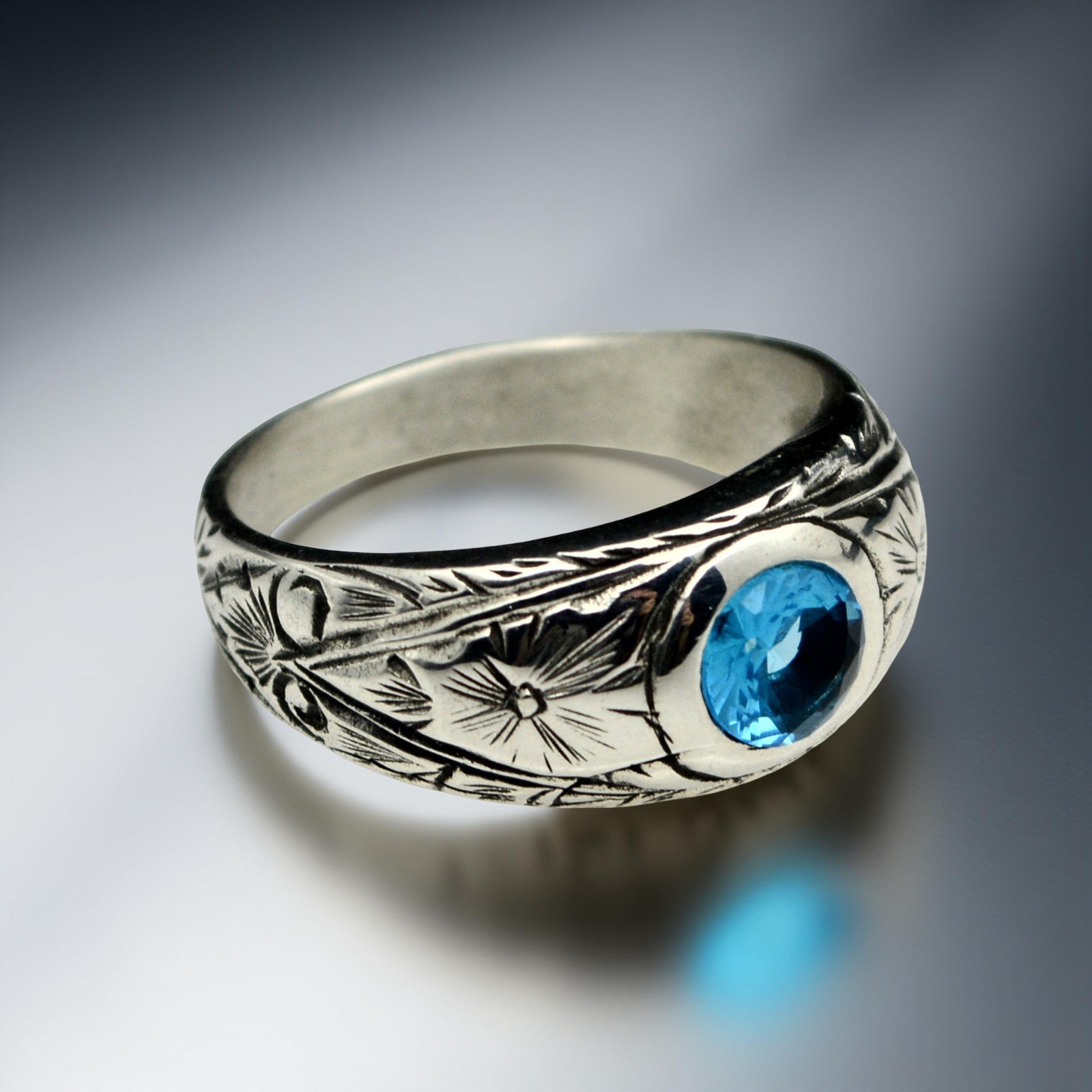 925 Sterling Silver Aquamarine Men Ring Handmade Vintage Signet Band