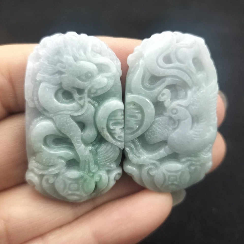 1Pair/2PCS Certified Green Natural Type A Jade Jadeite Dragon Phoenix Pendant