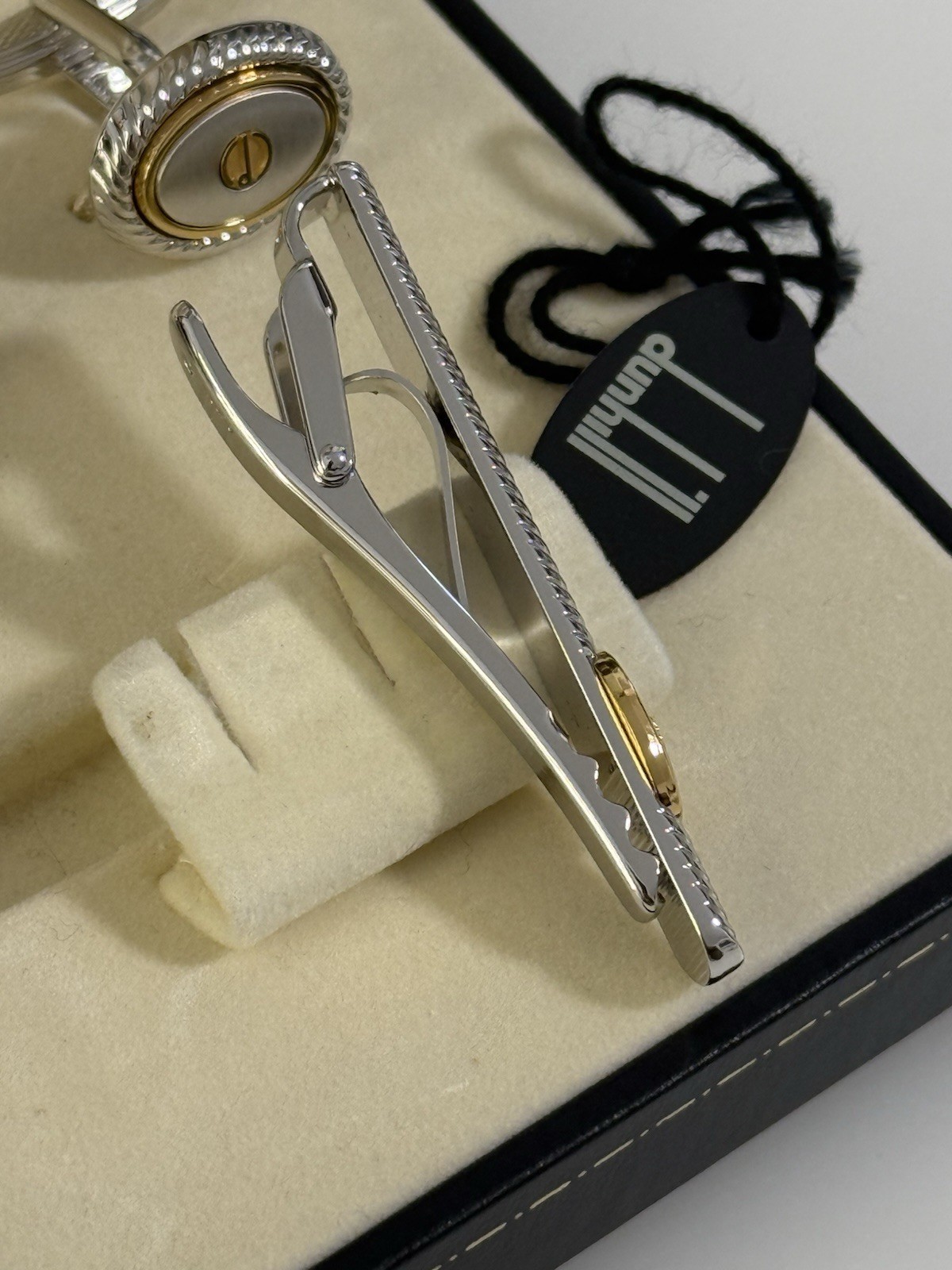 Dunhill Cufflinks & Tie Clip Set Two-Tone Silver Gold Tone Boxed