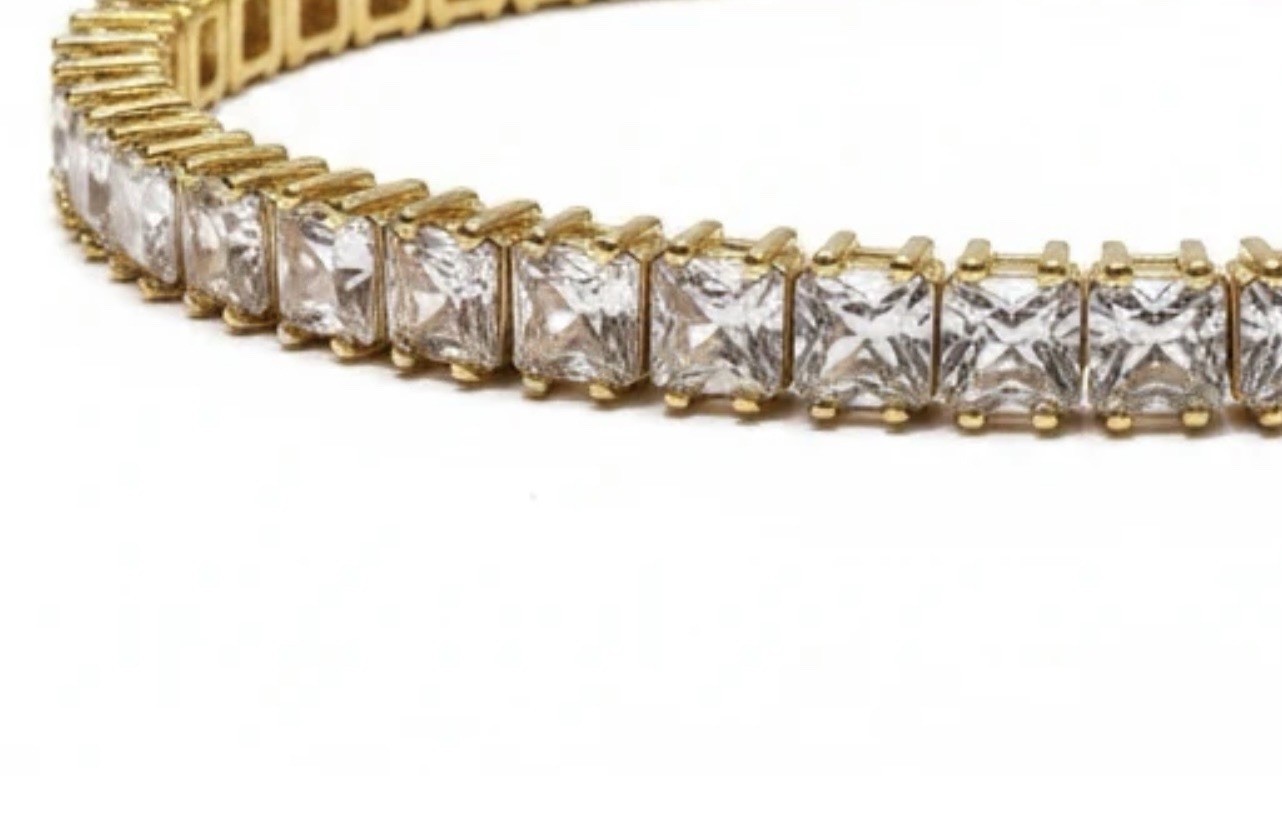 Sterling Silver Gold Plated Crystal Tennis Bracelet Princess Cut S925 Stamp