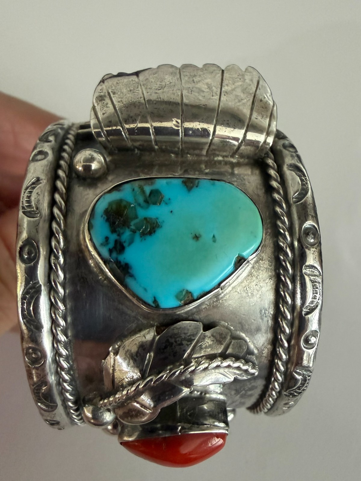 Vintage Navajo Sterling Watch Cuff Bracelet 114g Turquoise Coral 1940’s Men’s 6”