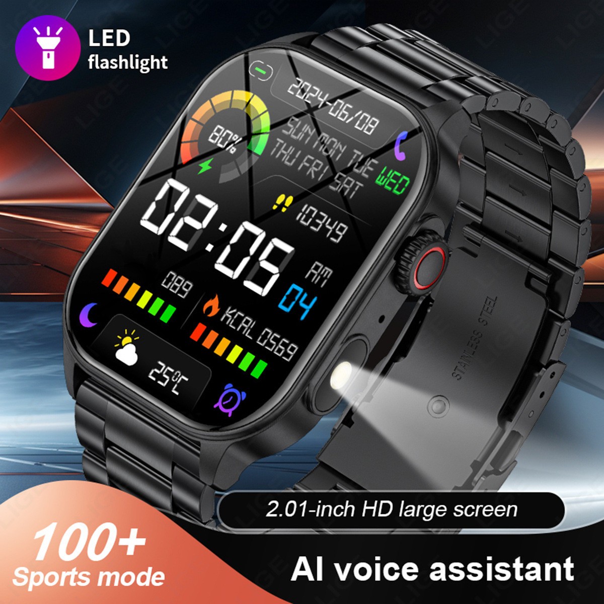 Men Smart Watch 2.01” Rectangle Sport Watch Health Monitor Call Reminder Watch