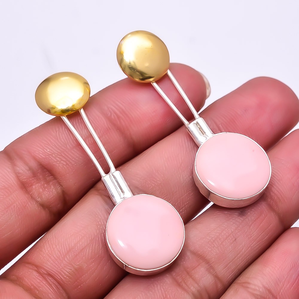 Pink Opal 925 Sterling Silver Two Tone Earring 1.95″ E54, Christmas Gift