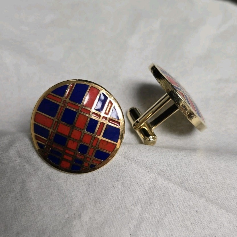 Round Enamel Geometric Cufflinks Gold Tone Blue Red Whale Back Men