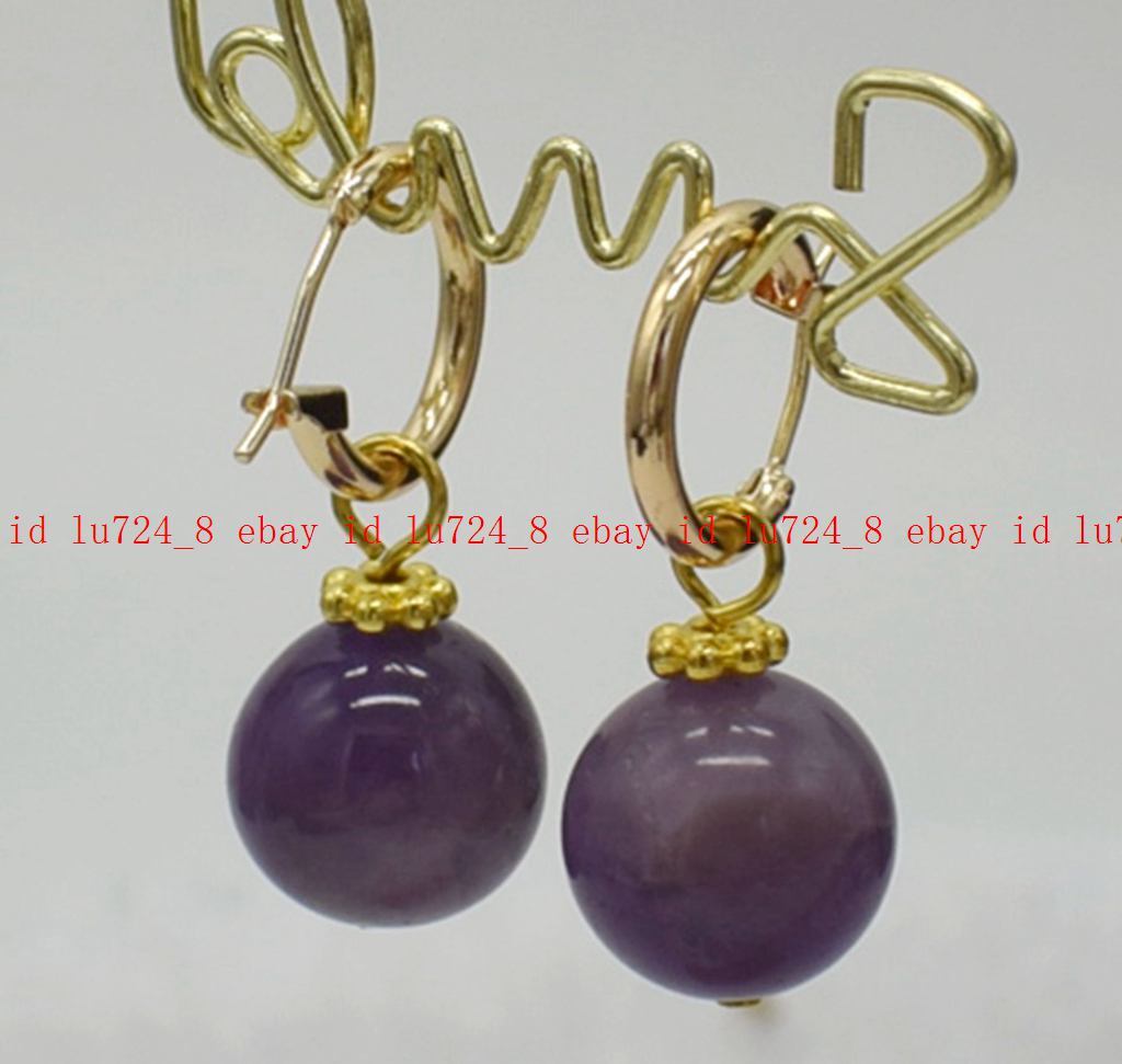 Genuine Noblest 14mm Amethyst Round Purple Gemstone Beads Leveback Earrings