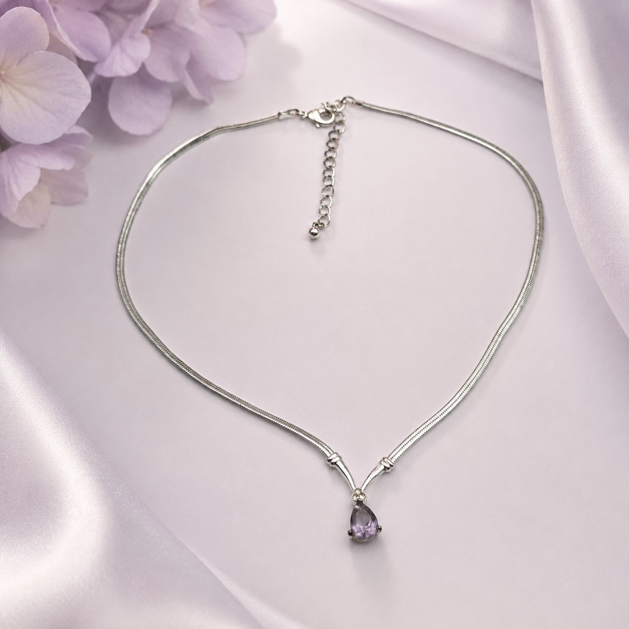 Purple Teardrop Crystal Pendant Necklace Silver Tone Omega Chain Avon 18.5 in