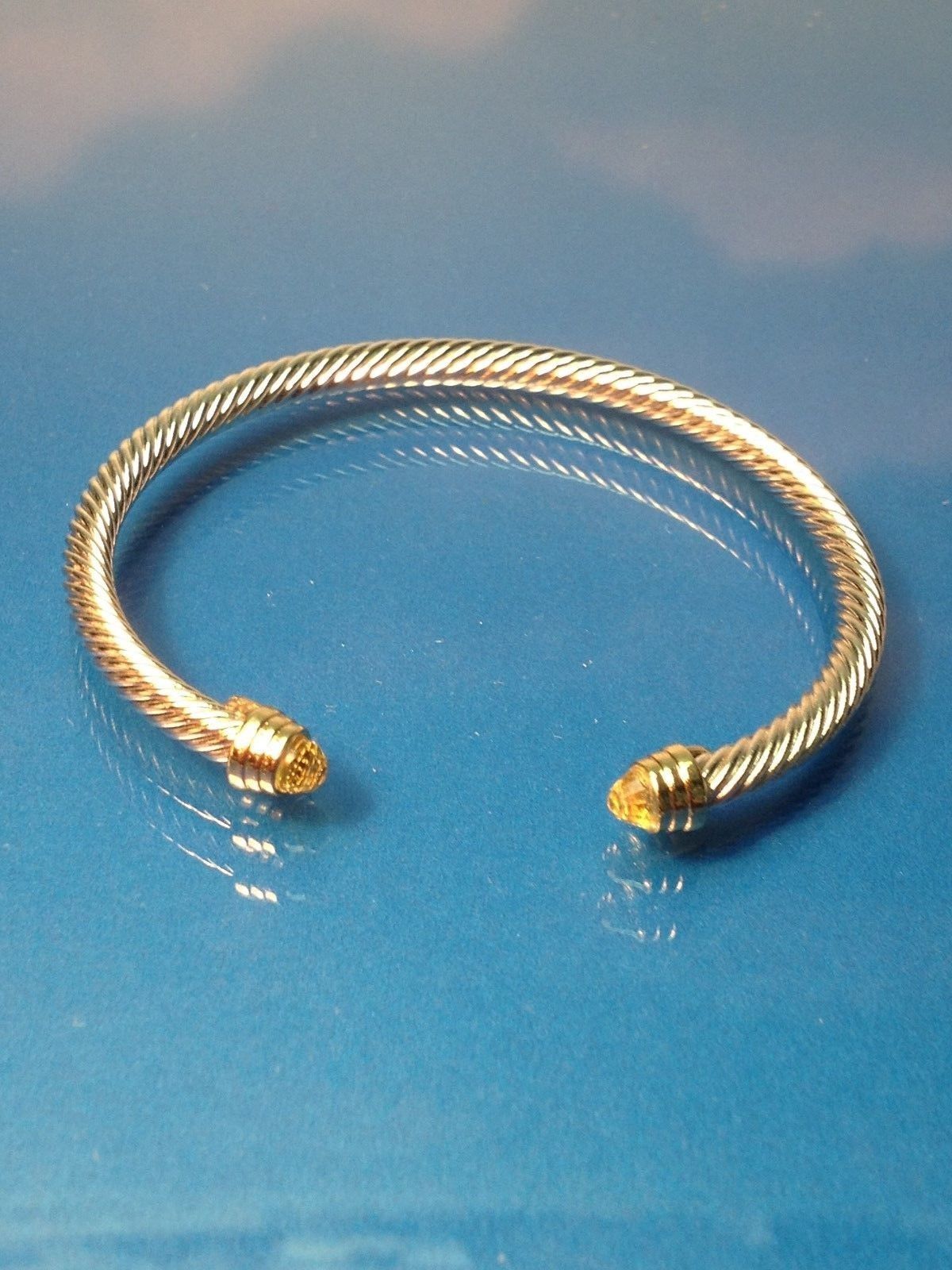 DESIGNER INSPIRED BANGLE SILVER FINISH GOLD CRYSTAL TIPS CLASSIC CUFF BRACELET