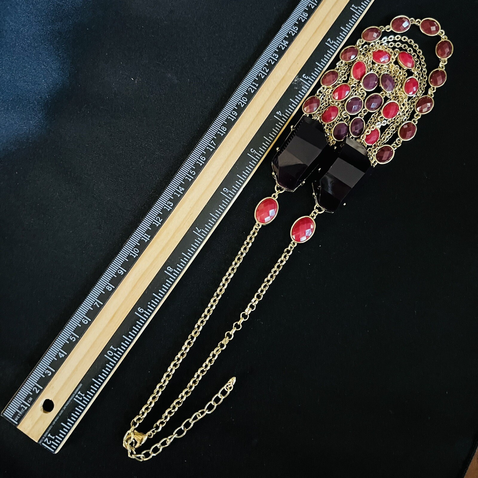 Statement Red Black Resin Stone Layered Multi Strand Bib Necklace Gold Tone 1092