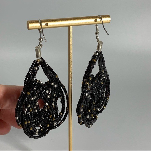 Woven Black Silver Gold Seed Bead Earrings Boho Artsy Bohemian Gypsy Whimsigoth