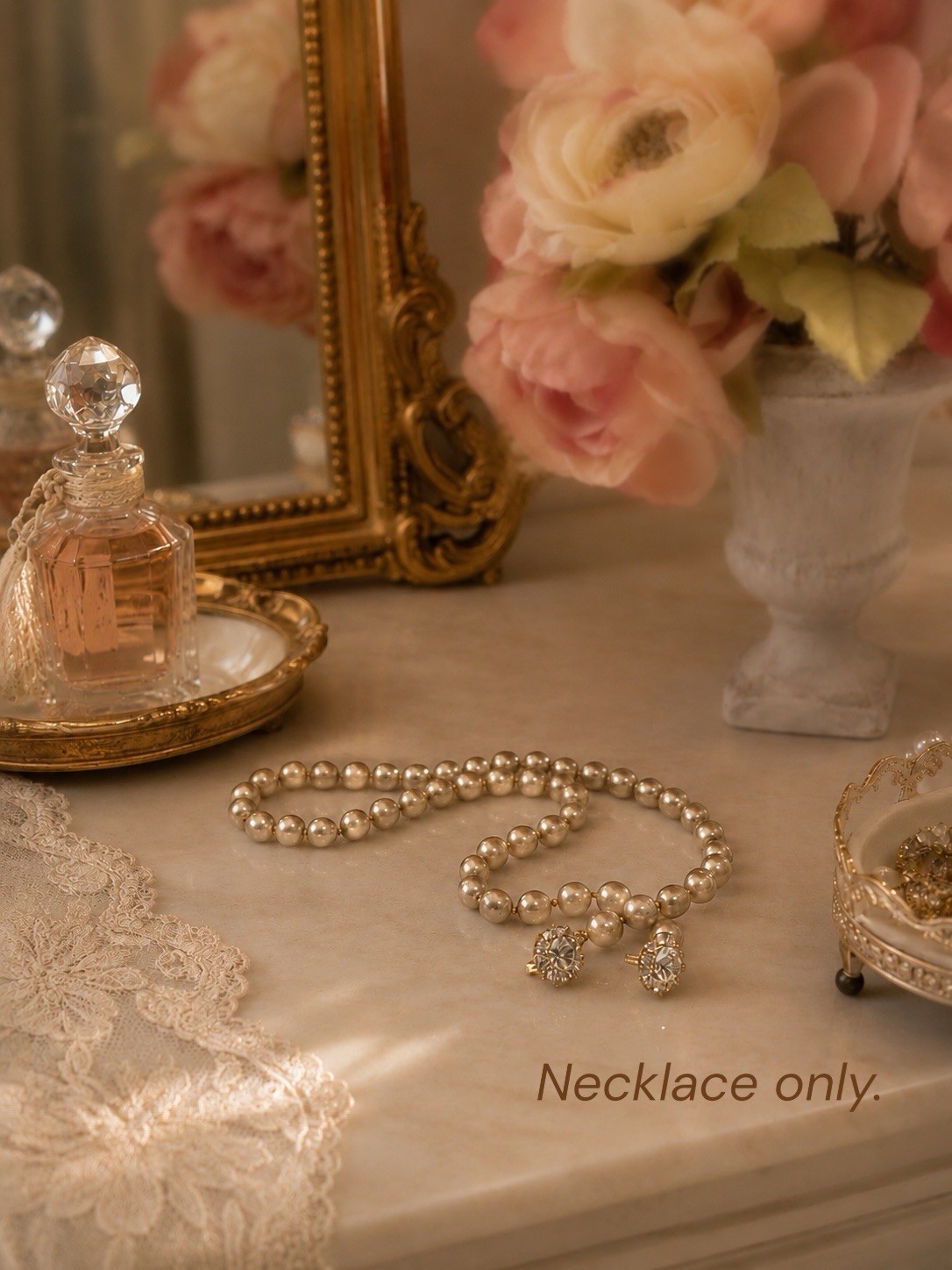 Vintage Judith McCann NY Shuvon Faux Pearl Necklace Signed Rhinestone Clasp