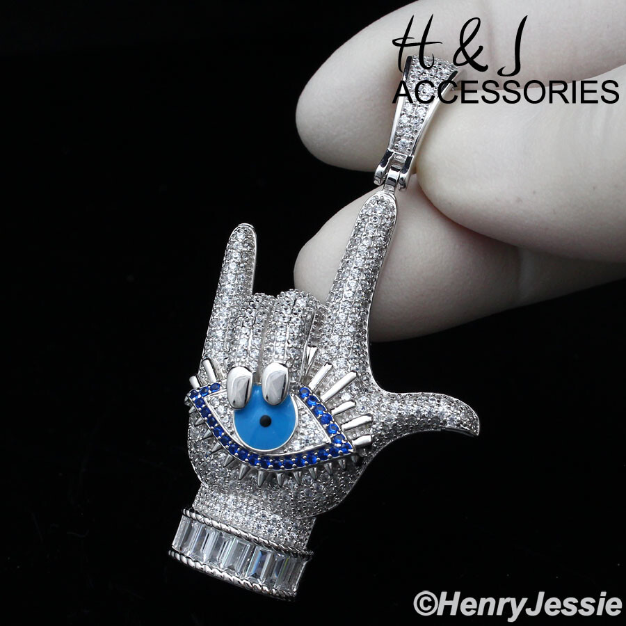 925 STERLING SILVER ICY BLING CZ 3D ROCK N’ ROLL HAND EVIL EYE PENDANT*SP358