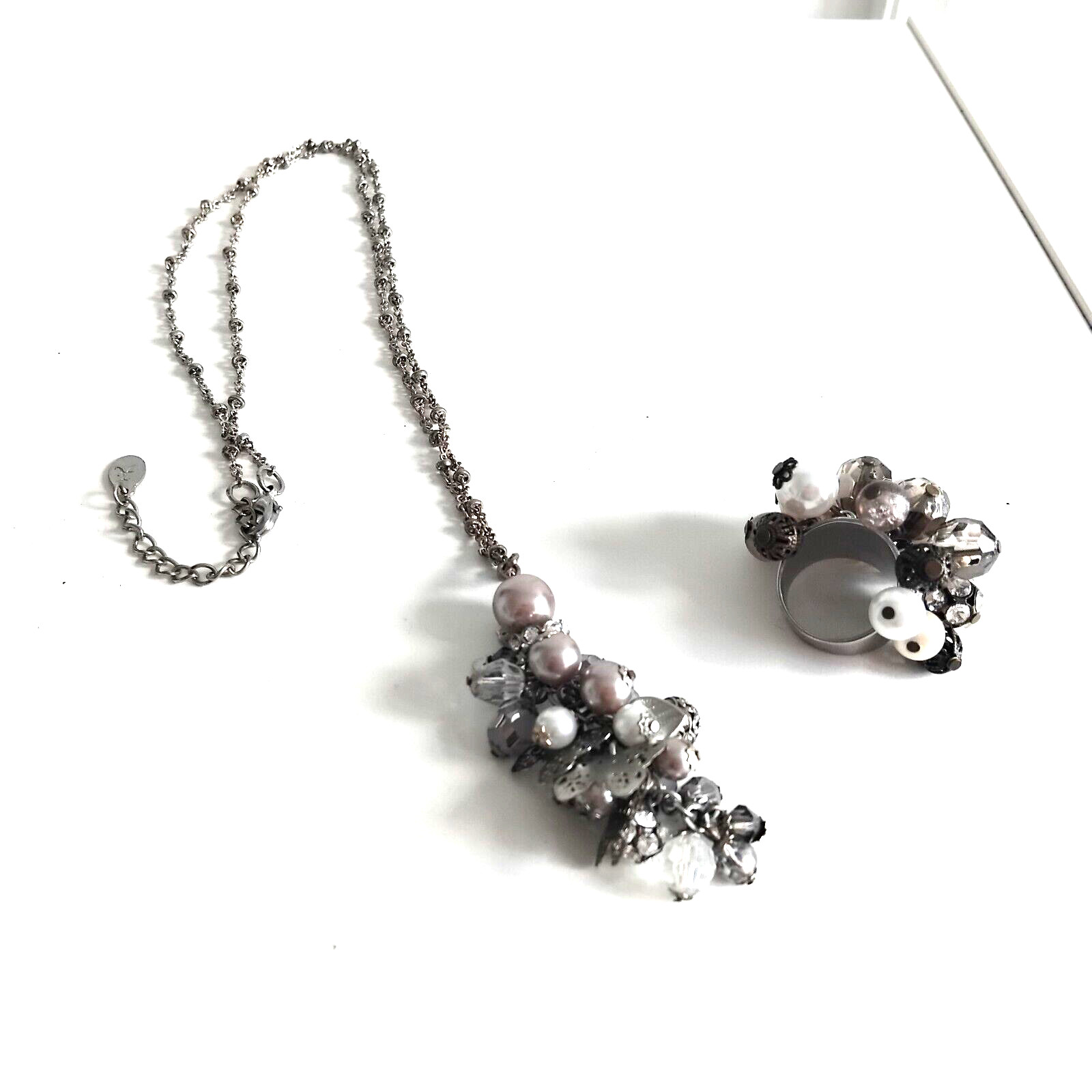 ACCESSORIZE long silver tone butterfly charm beaded pendant necklace & ring set