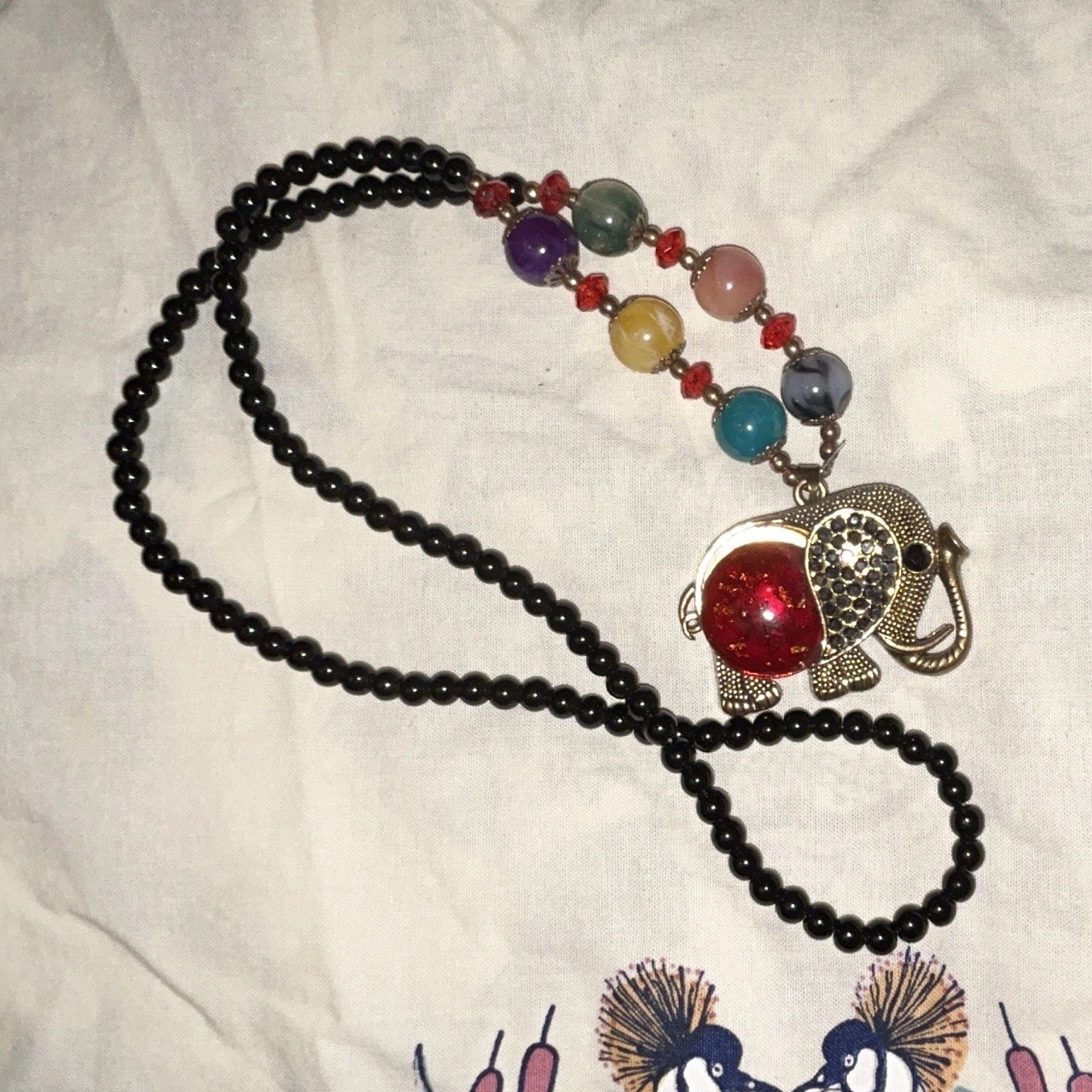 Multicolor Beaded Ball Chain Necklace Elephant Charm Pendant Plastic Metal