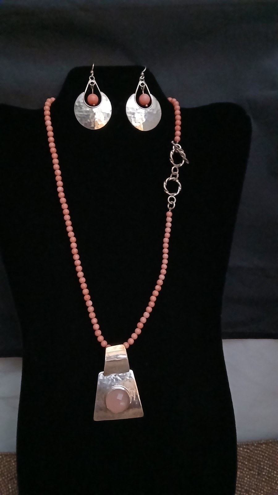 HSN DDD Geometric Pendant & Earrings- Coral Beaded Necklace Set 925