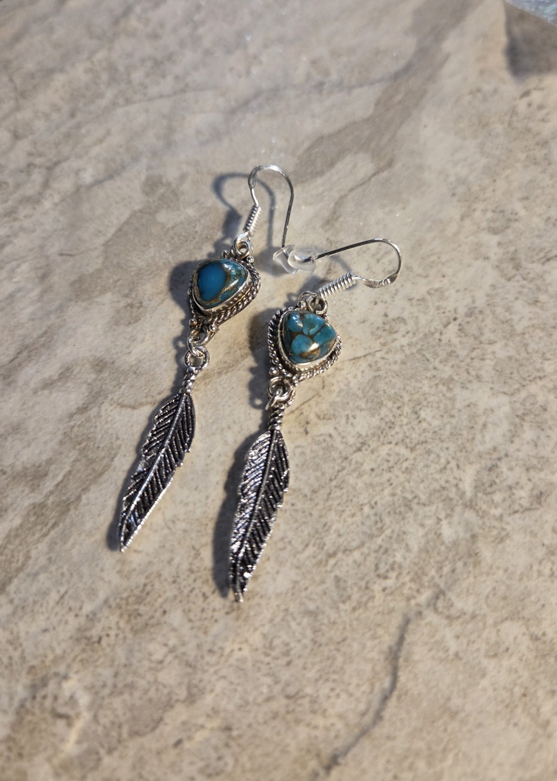 Genuine Turquoise W/ Feather Sterling Silver Dangle Earrings E19