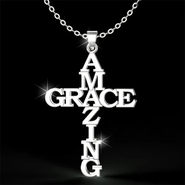 Stainless Steel Amazing Grace Cross Necklace – Silver, Christian Faith, Church