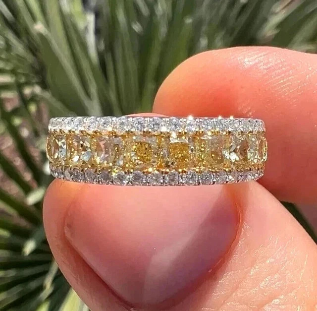 3.00Ct Cushion Cut Lab Created Citrine Eternity Band Ring 14K White Gold Plated
