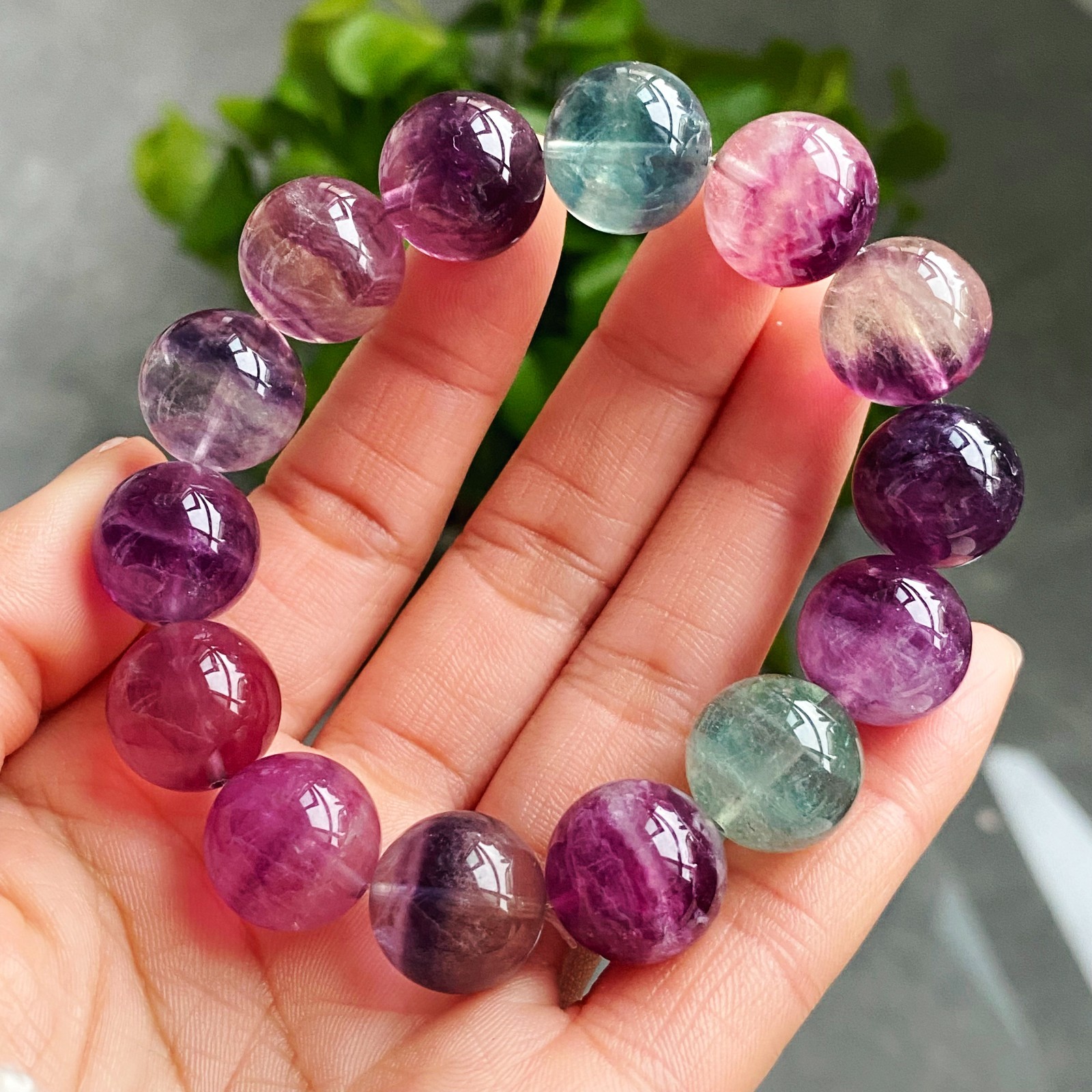 14.7mm Natural Color Fluorite Quartz Crystal Gemstone Beads Bracelet 2944
