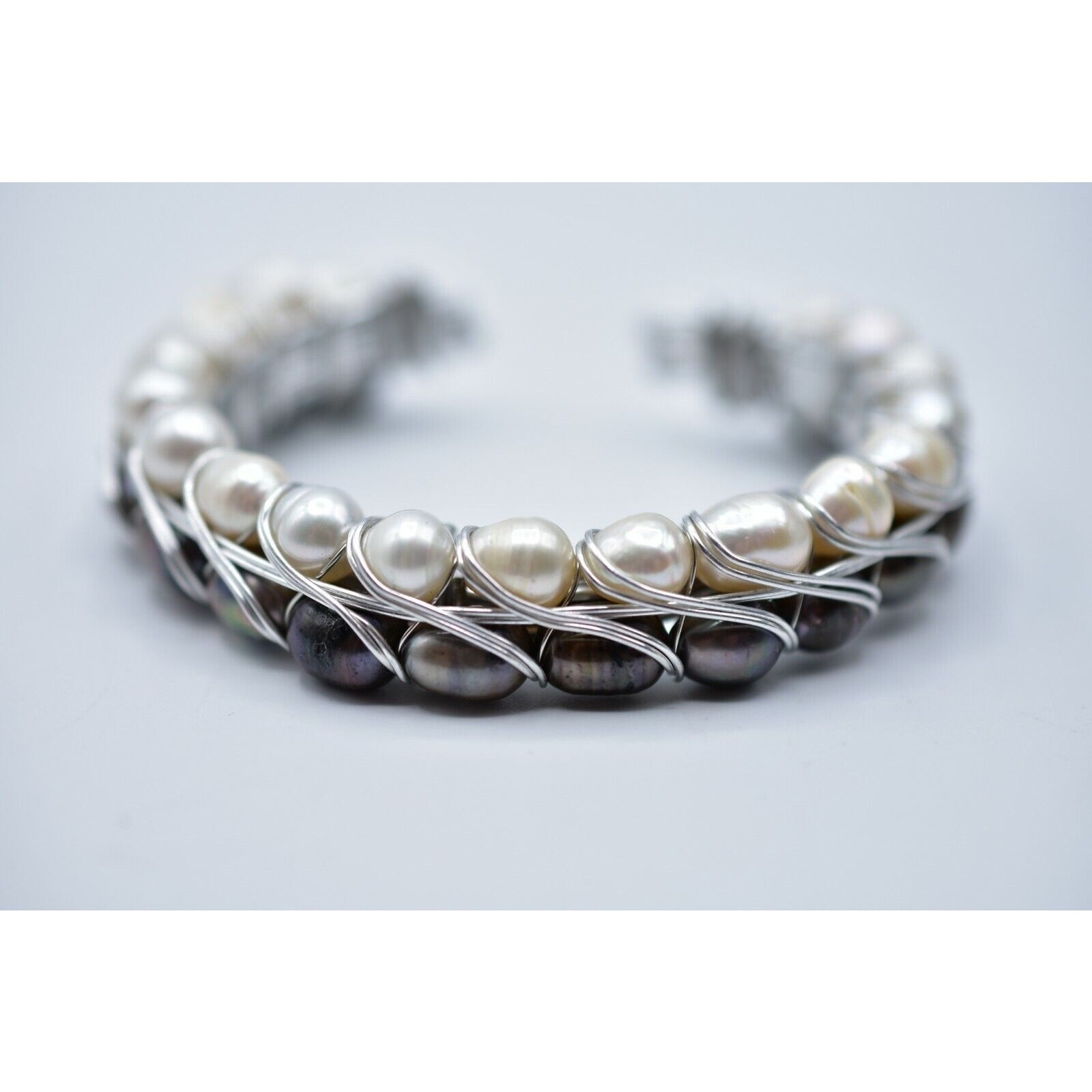 Vintage Cuff Bangle Bracelet Silver Gray White Black Pearl Beaded Chunky BinD