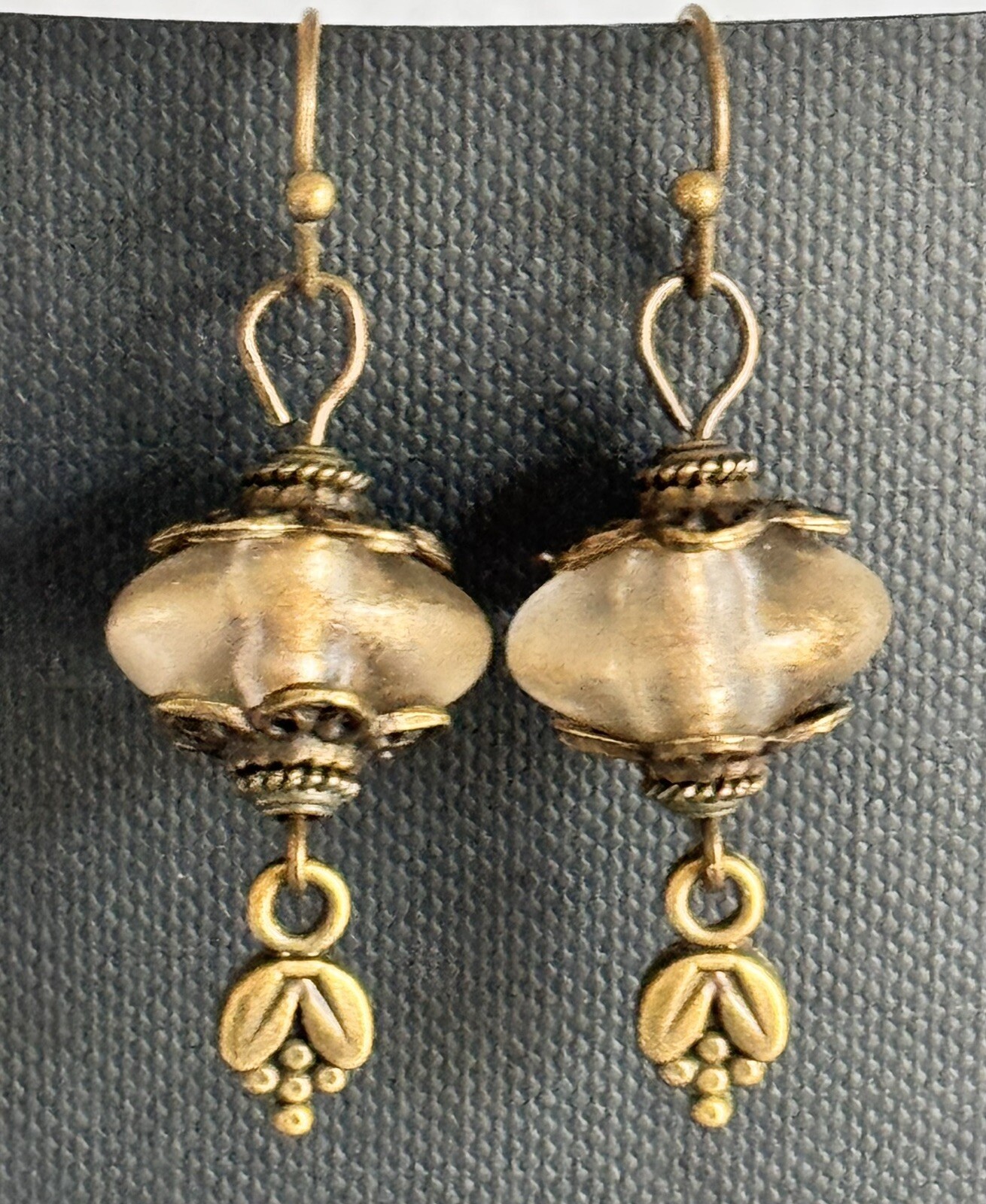 Beautiful Bronze Earrings with Gold Luster Bead and Flower Bud Charm