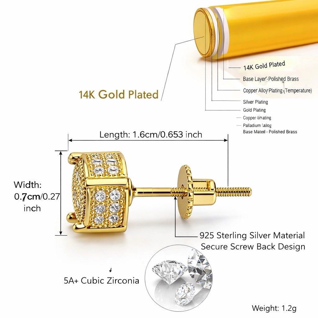 14K Gold Plated Iced Out CZ Cluster Stud Earrings Screw Back Mens Bling