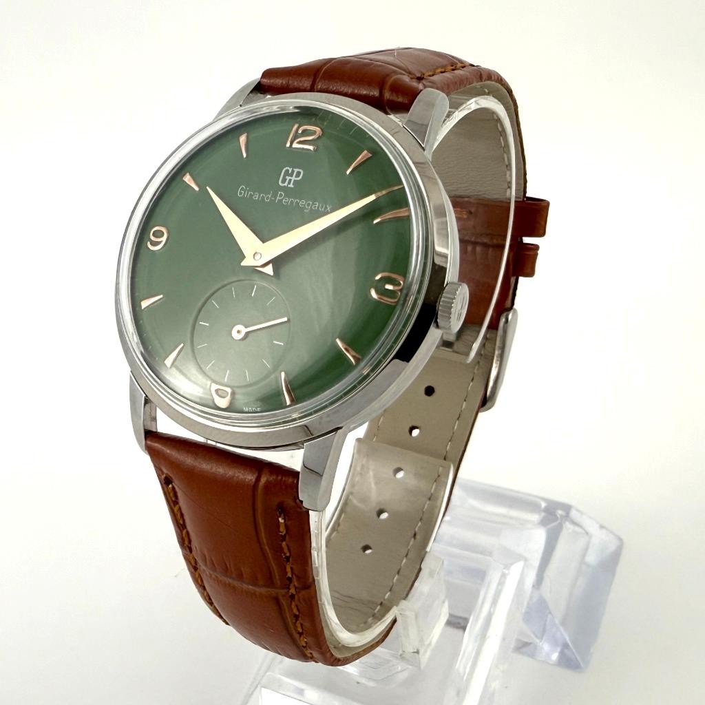 LARGE VINTAGE GIRARD PERREGAUX MANUAL WIND STEEL GENTS WATCH NICE GREEN DIAL