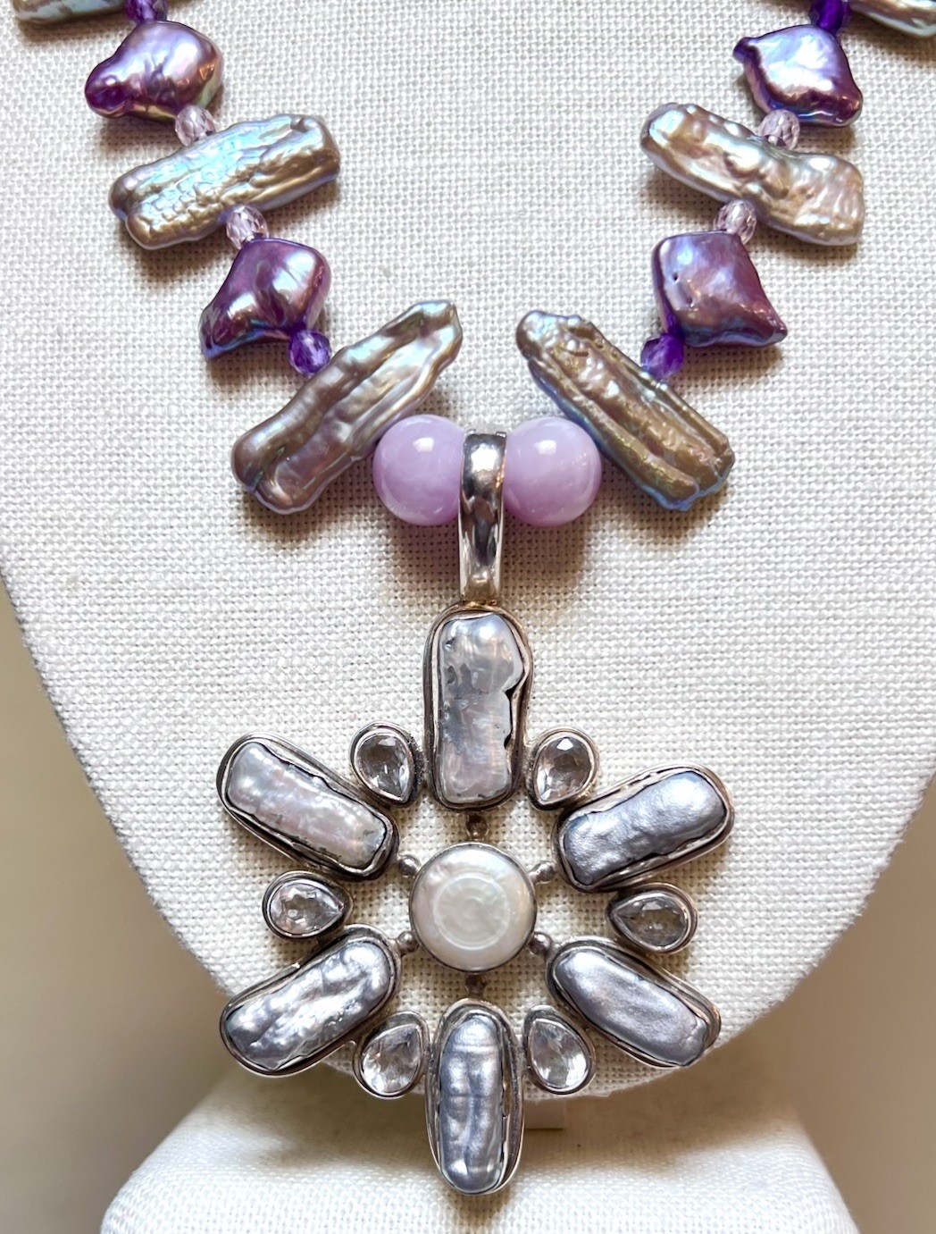 BEAUTIFUL Sterling Silver Purple, Blue, Silver Lustrous Pearl & Zircon Necklace