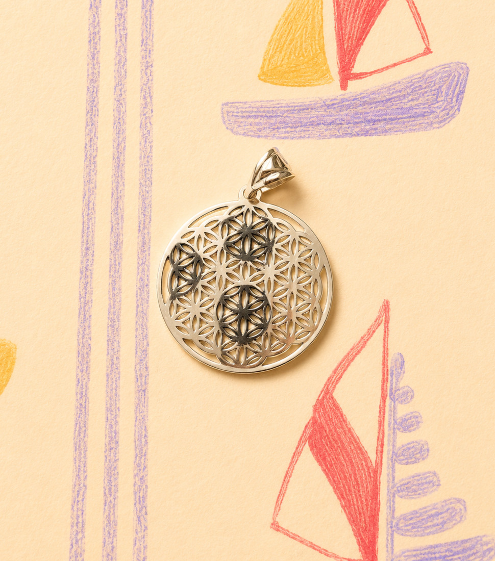Real 14K White Gold Flower of Life Pendant Round Medallion Sacred Geometry Yoga