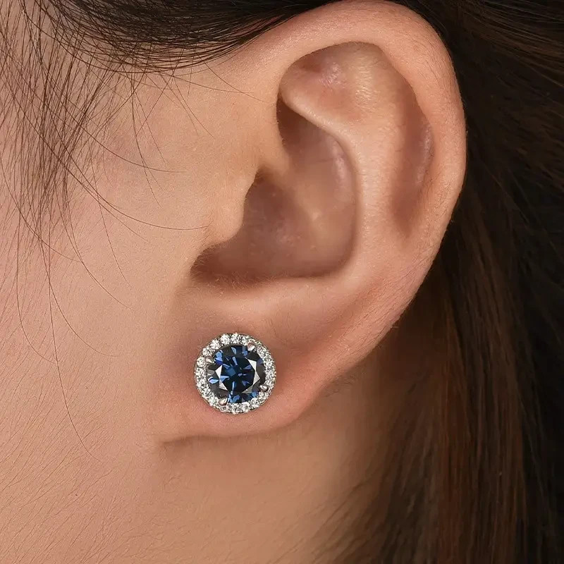 Elegant Round 4.40Ct Blue Sapphire Natural Diamond Stud Earrings 18K White Gold