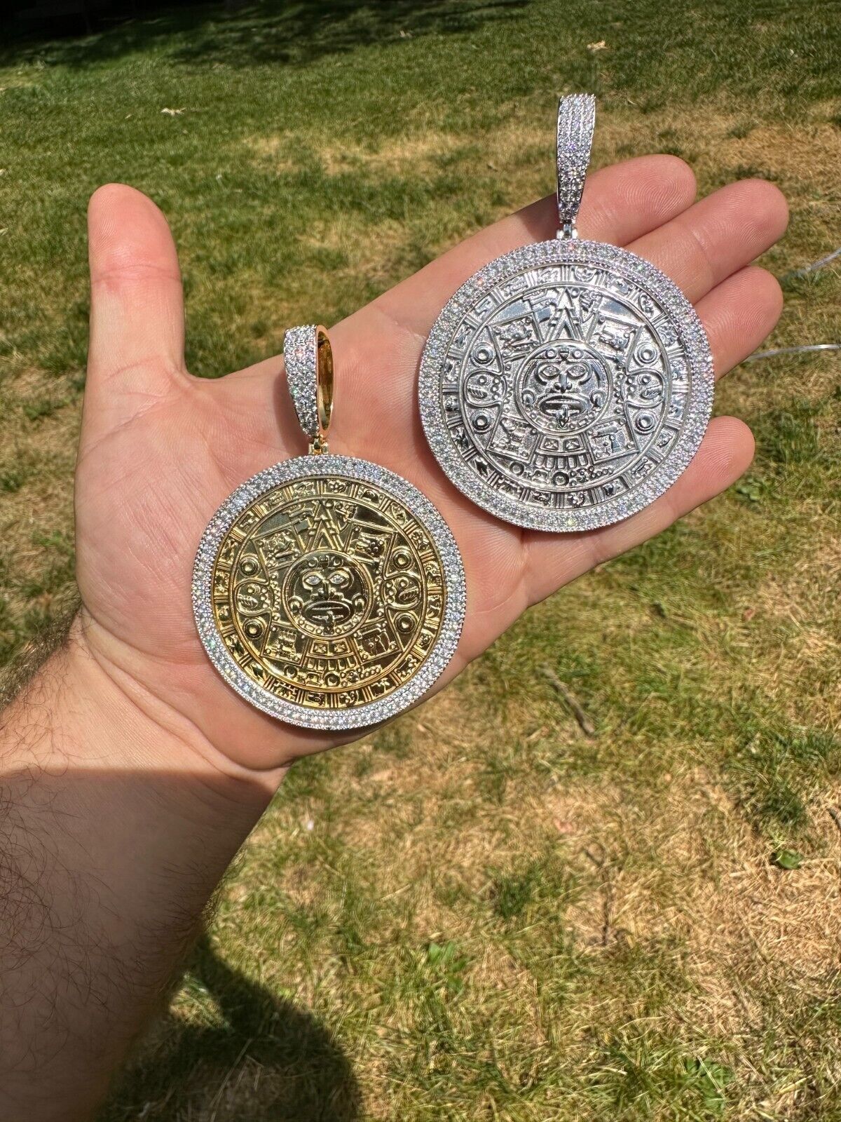 HUGE Moissanite Aztec Calendar Mayan Sun God Iced 925 Silver Pendant Necklace