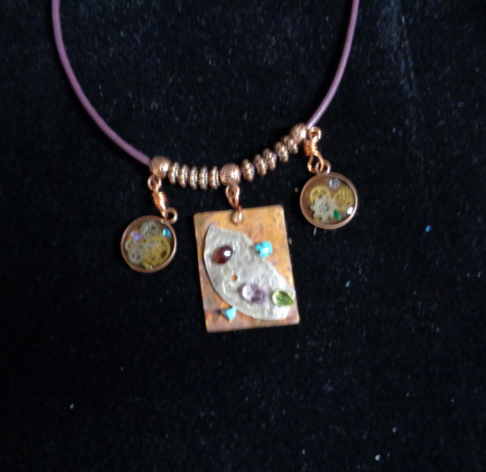 Artisan crafted,eclectic,18” necklace. Central handcrafted copper collage pendan