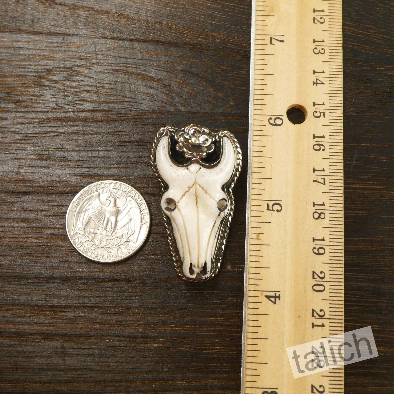 Hand Carved Buffalo Bone Bull Skull Floral Pendant Ethnic Western Boho Unique