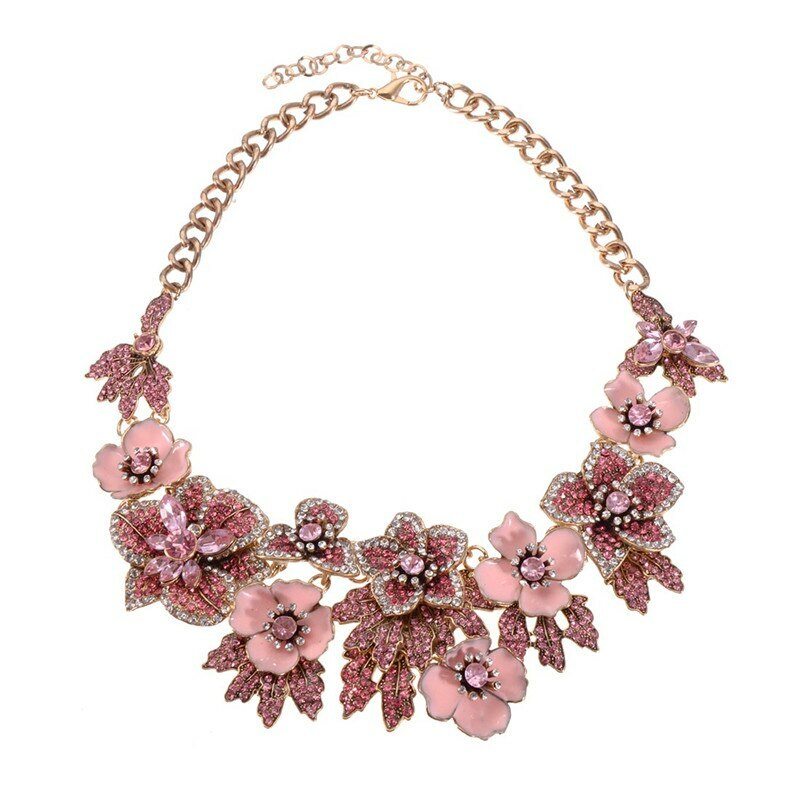 PRETTY IN PINK Pave Rhinestone Enamel Flower Bib Vintage Style Necklace