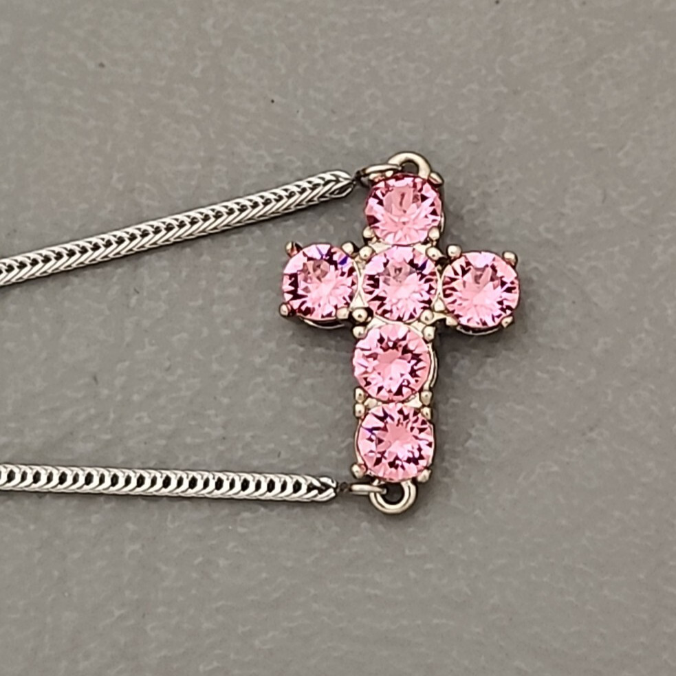 Cross Bracelet STS Karis Made with Swarovski Rose Crystals Pink Steel Mix
