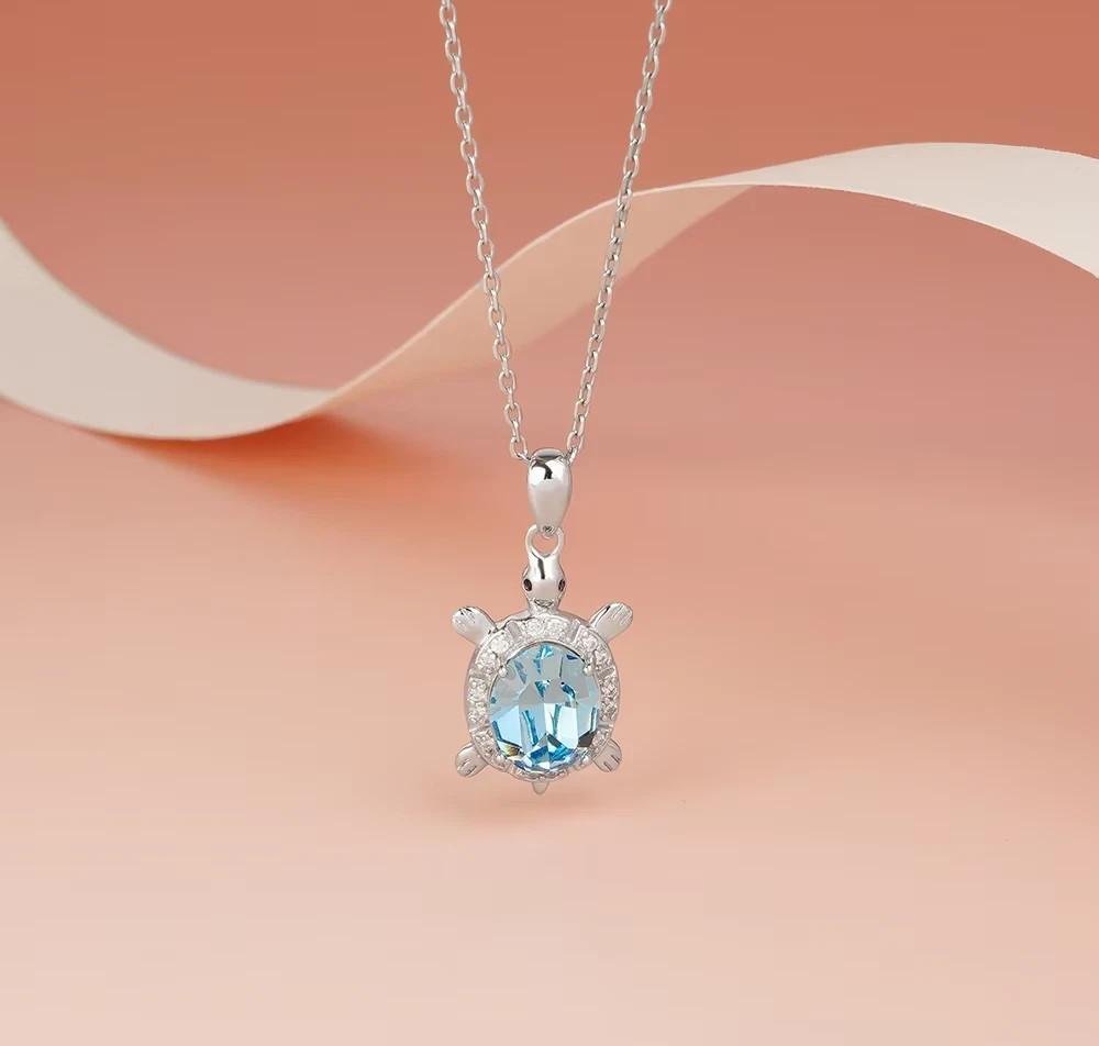 2Ct Oval Cut Lab-Created Aquamarine Turtle Women’s Pendant 14k White Gold Plated