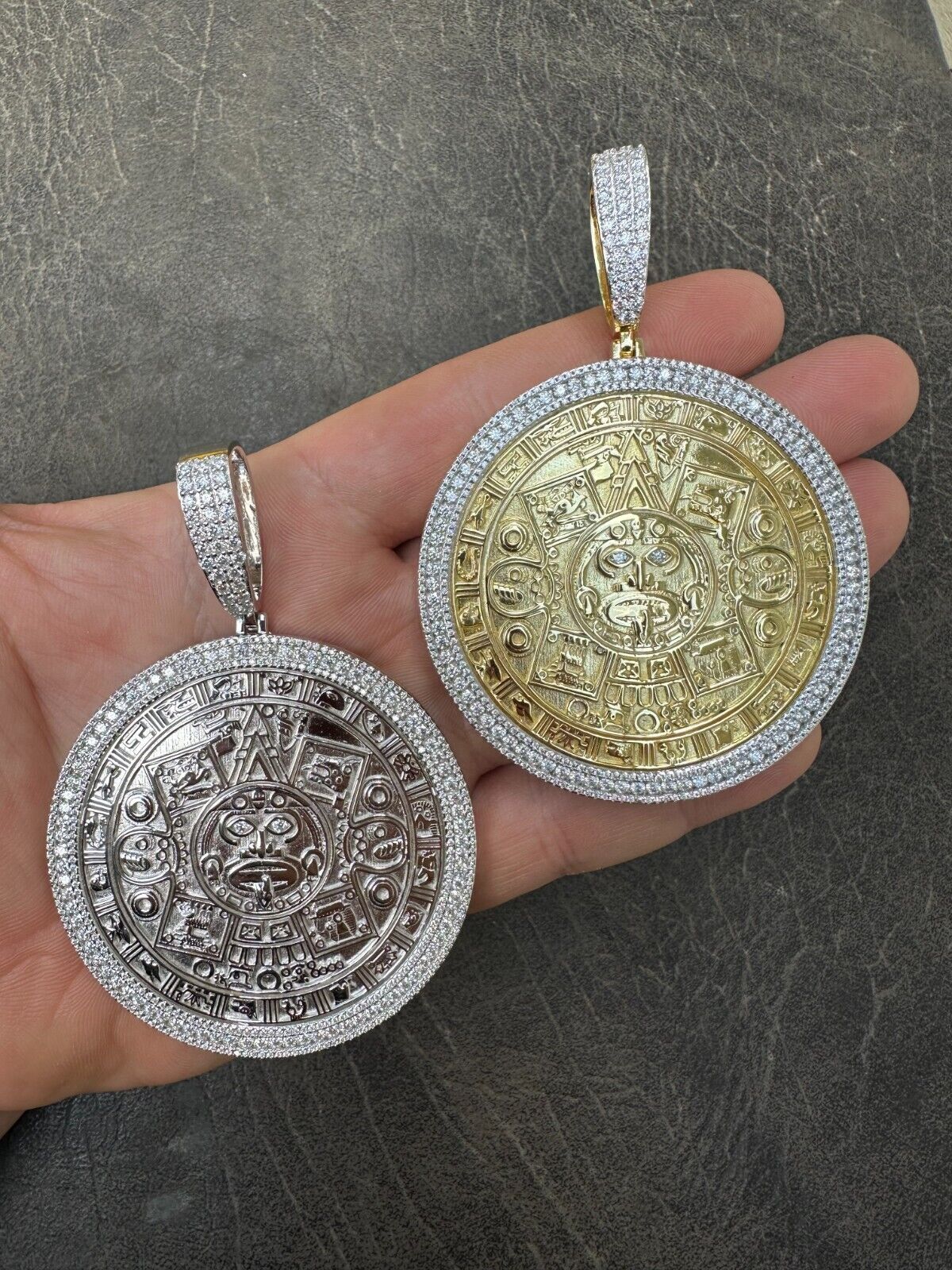 HUGE Moissanite Aztec Calendar Mayan Sun God Iced 925 Silver Pendant Necklace