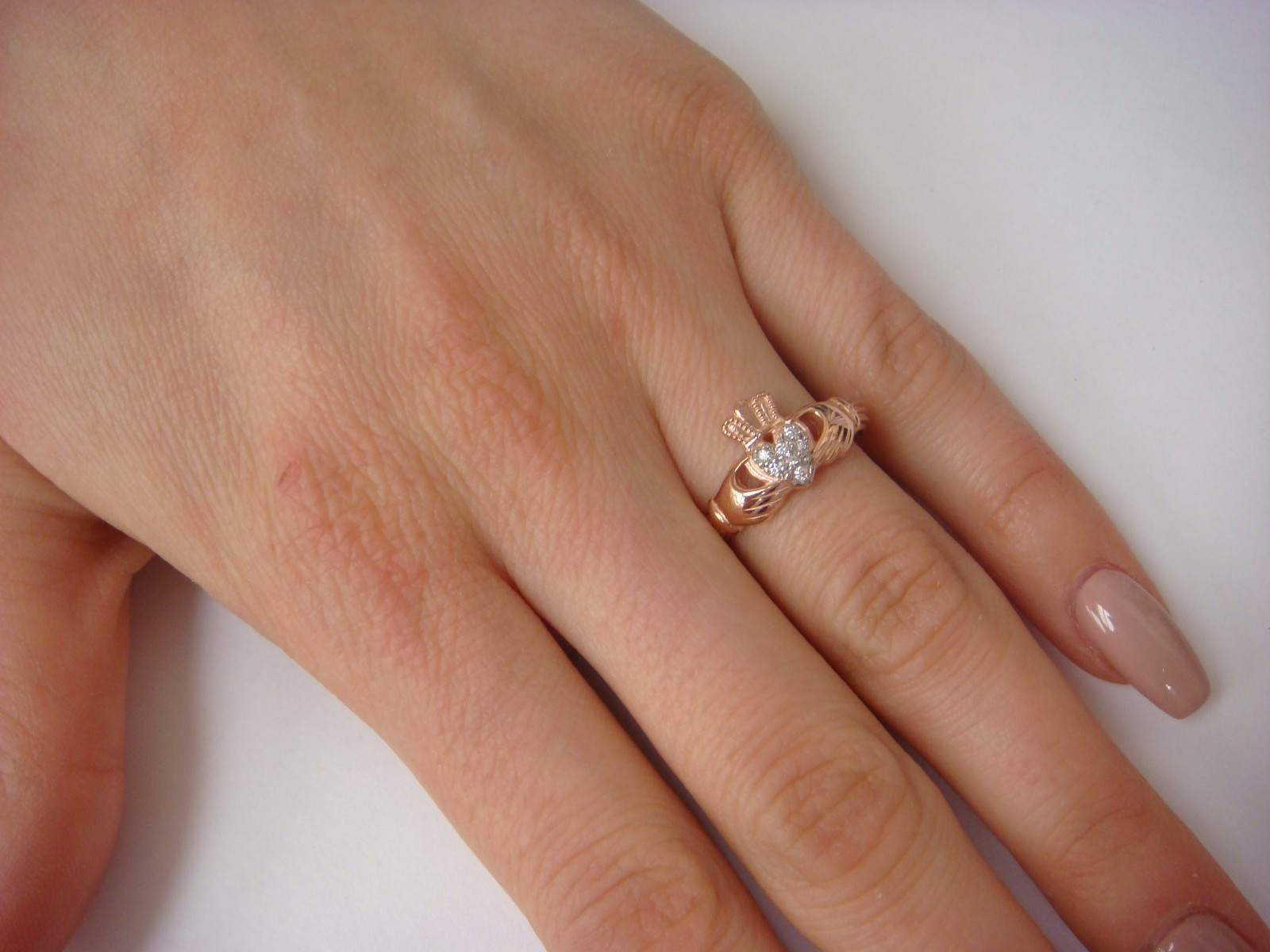 14K ROSE GOLD IRISH GIRL`S-LADIES LOVE CLADDAGH RING-BAND WITH DIAMONDS 4.1 GRAM