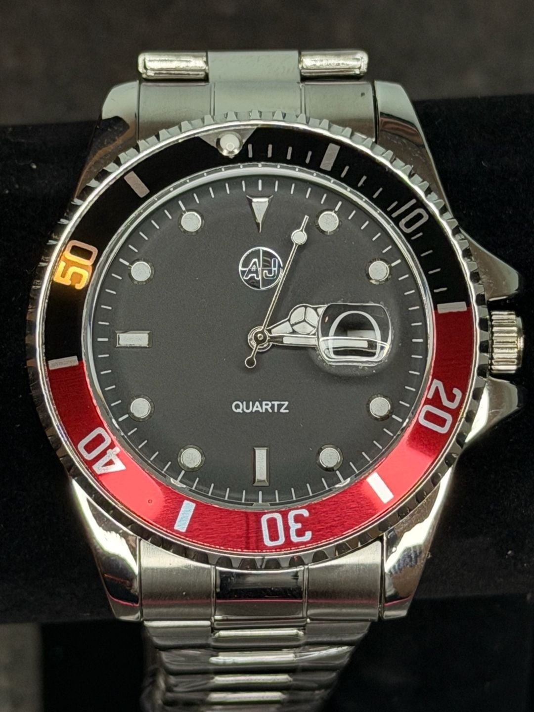 AJ Watches Quartz Diver Style Watch with Red/Black Bezel and Stainless Steel Ban