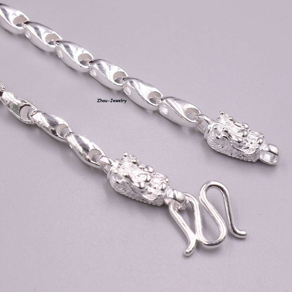 Pure S999 Fine Silver 999 Chain 4mm Triangle Bead Link Dragon Head Chain 26-27g