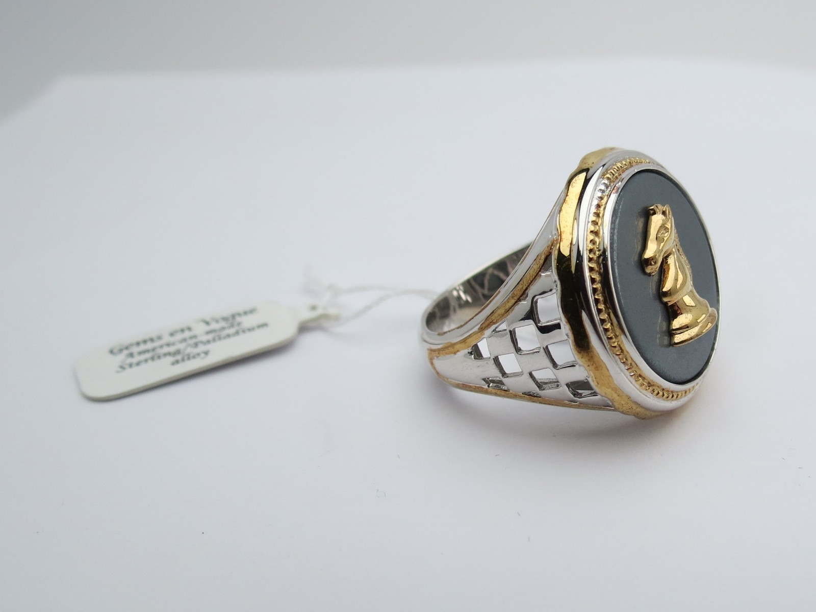 Michael Valitutti Chess Knight Hematite Sterling Silver Palladium 18K Men’s Ring