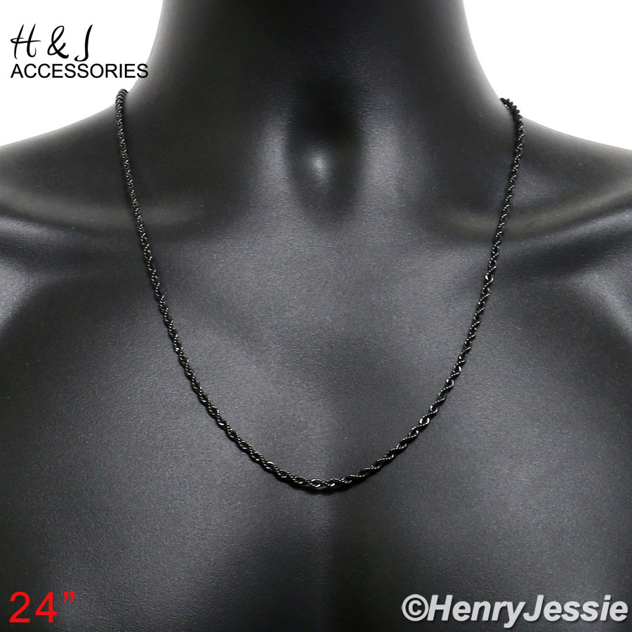 24″MEN Stainless Steel 3mm Black Plated Smooth Classic Rope Link Chain Necklace