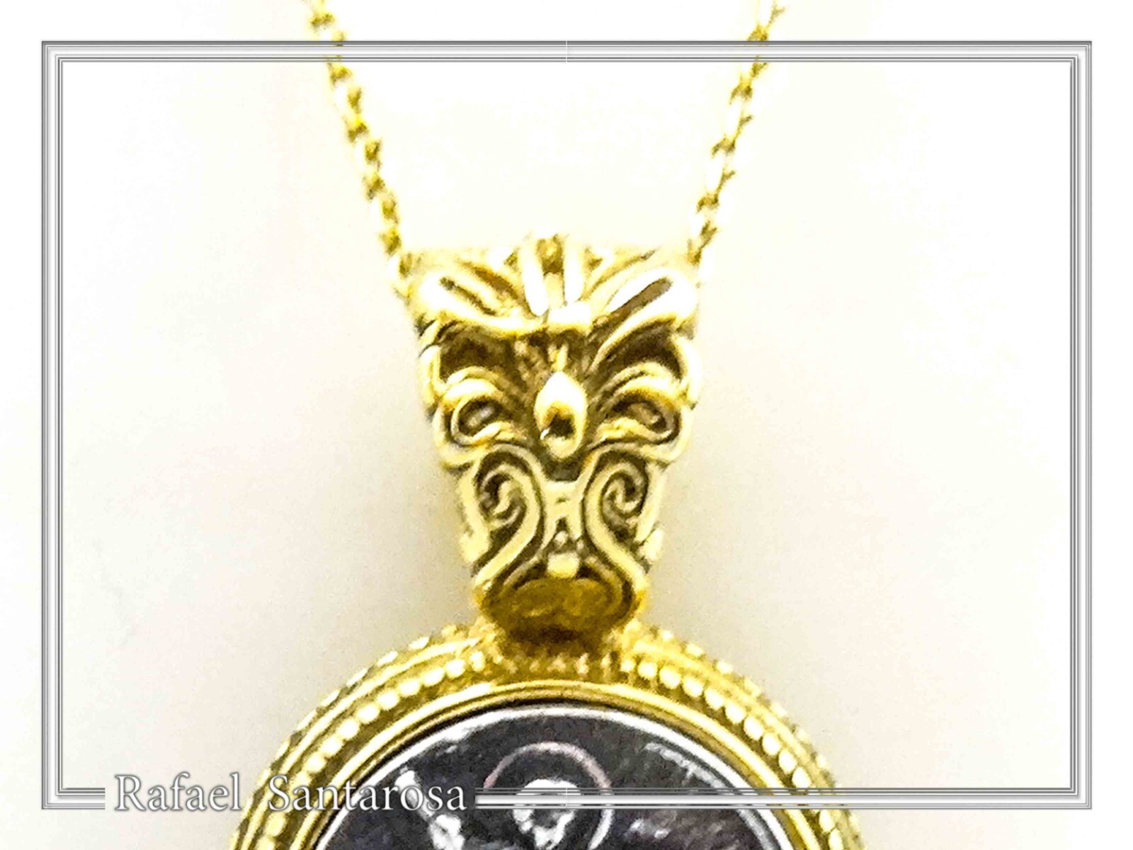 St. George killing Evil talisman charm oxidized silver coin 18ct filligree decor